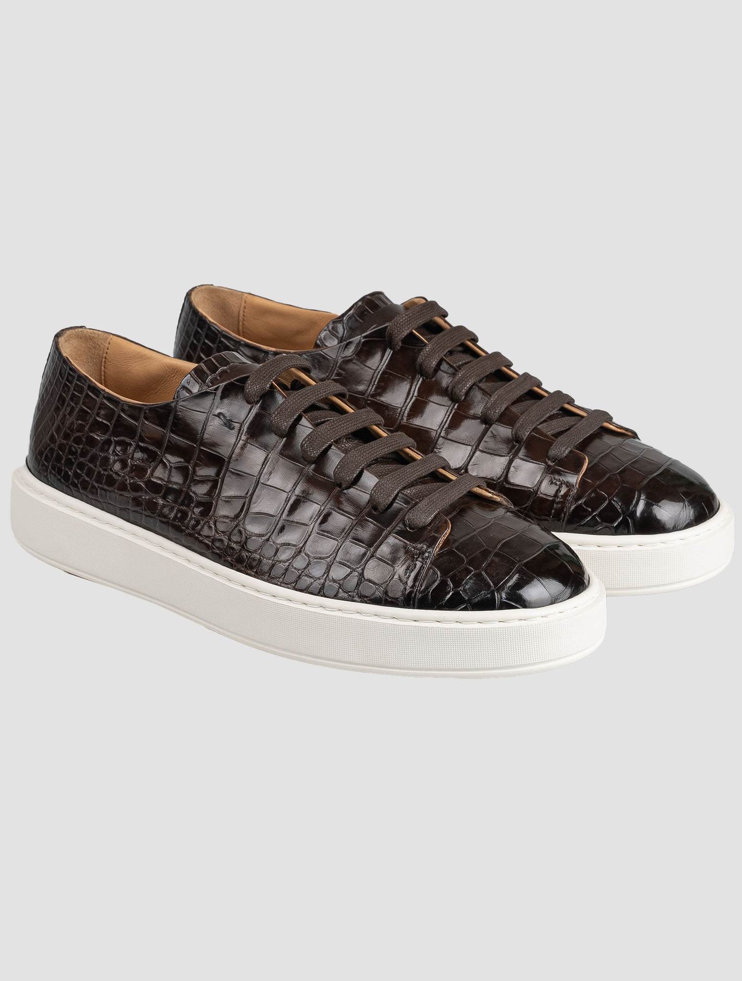 Santoni Brown Leather Crocodile Sneakers