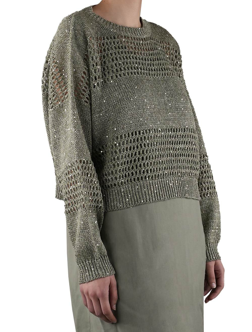 Brunello Cucinelli Зеленый льняной нейлоновый свитер с круглым вырезом для женщин