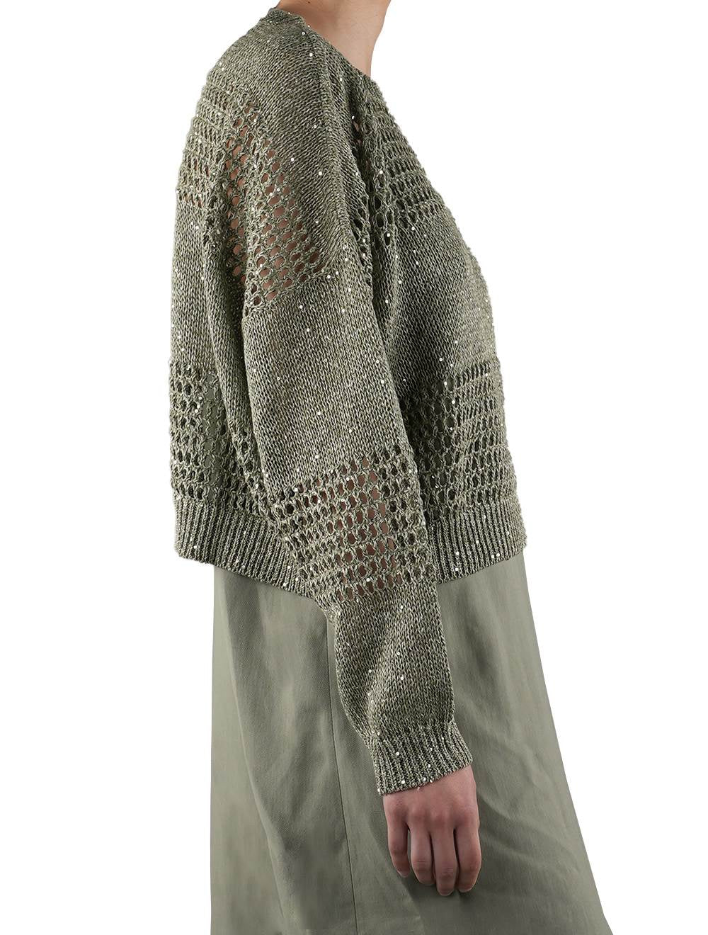 Brunello cucinelli zaļā lina neilona džemperis crewneck sieviete