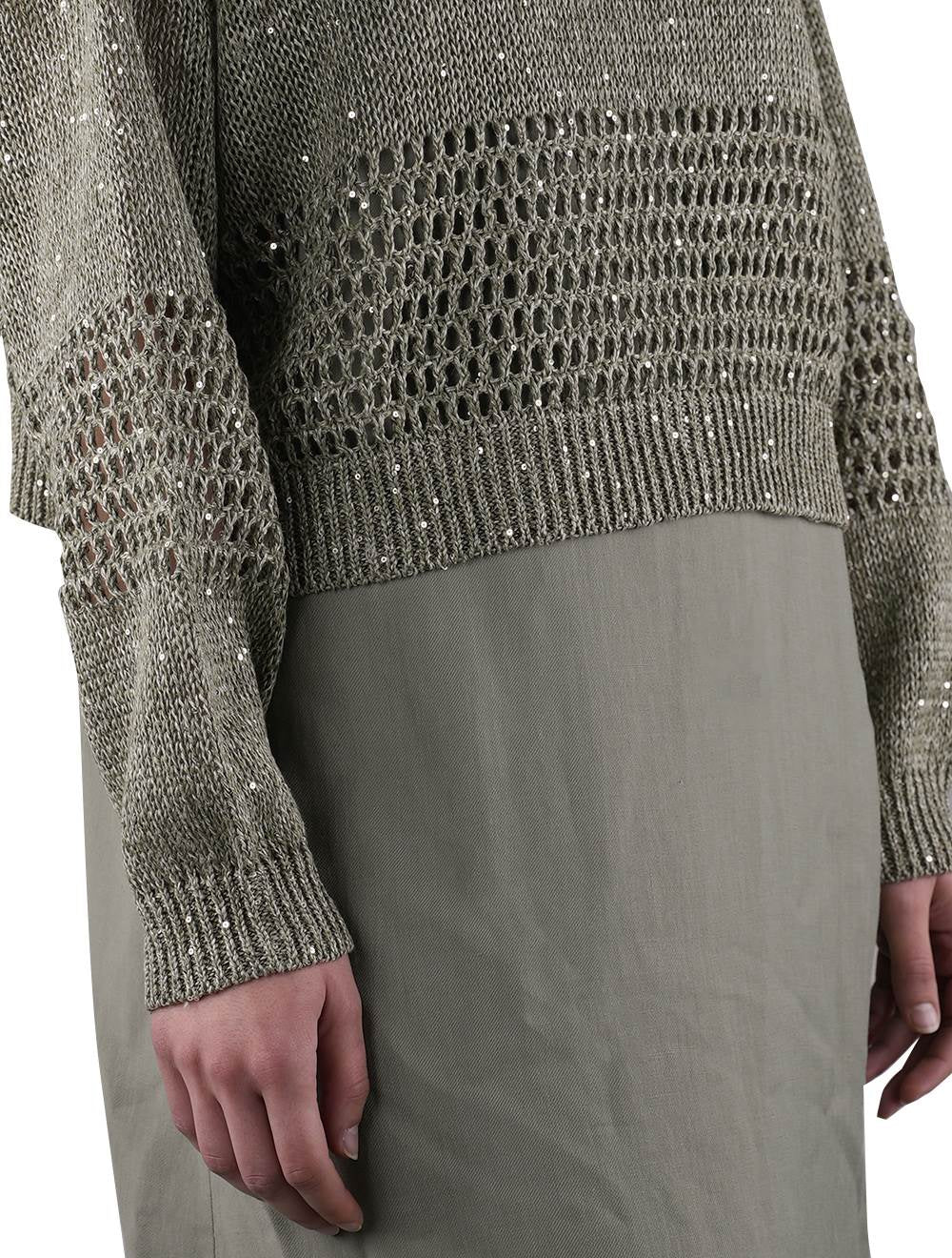 Brunello Cucinelli Зеленый льняной нейлоновый свитер с круглым вырезом для женщин