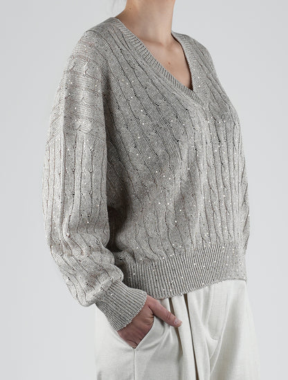 Brunello Cucinelli Beige Linen Nylon Sweater V-neck Woman