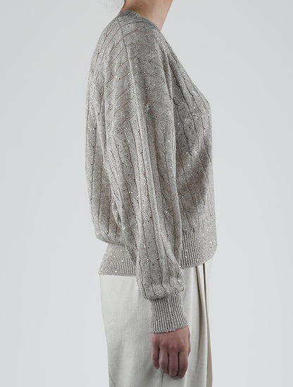 Brunello Cucinelli bēša lina neilona džemperis V-kakla sieviete