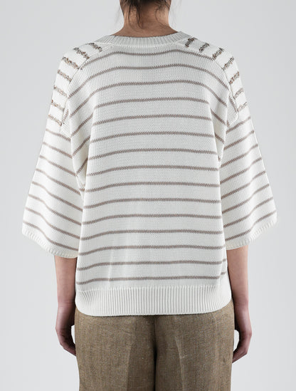 Женский белый бежевый хлопковый свитер Brunello Cucinelli с V-образным вырезом