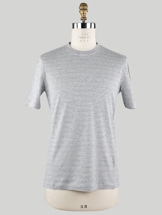 Brunello Cucinelli Vit Blå Bomull Linen T-Shirt