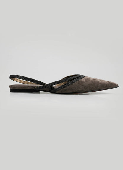 Brunello Cucinelli Taupe Couro Suede Slingback Mulher