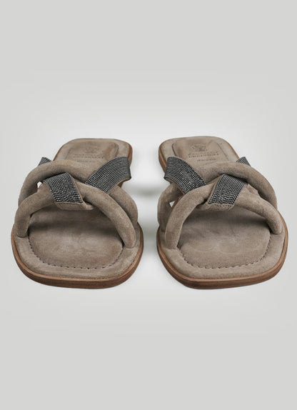 Brunello cucinelli taupe leather suede slides woman