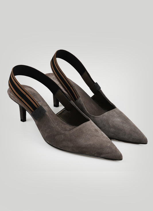 Brunello Cucinelli Taupe Leather Suede Slingback Woman