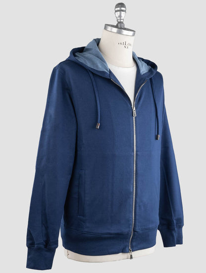 Isaia Blue Cotton Pa weater Full Zip Hood