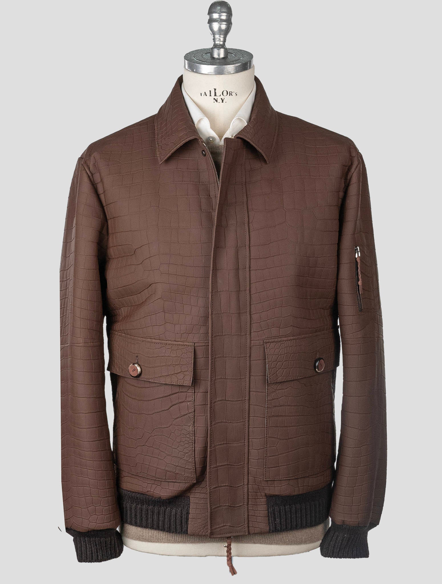 Kiton Brown Leather Crocodile Cashmere Vicuna Coat Front View