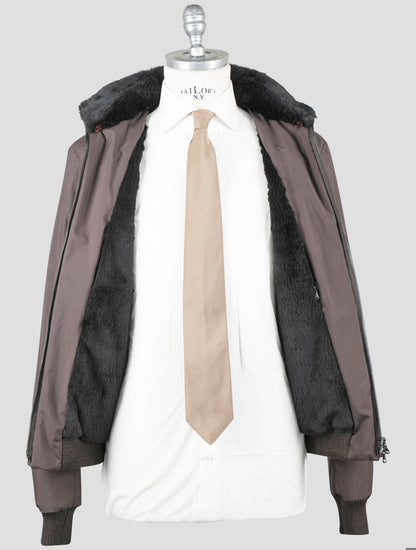 Manteau Barba Napoli en cuir marron avec fourrure de lapin