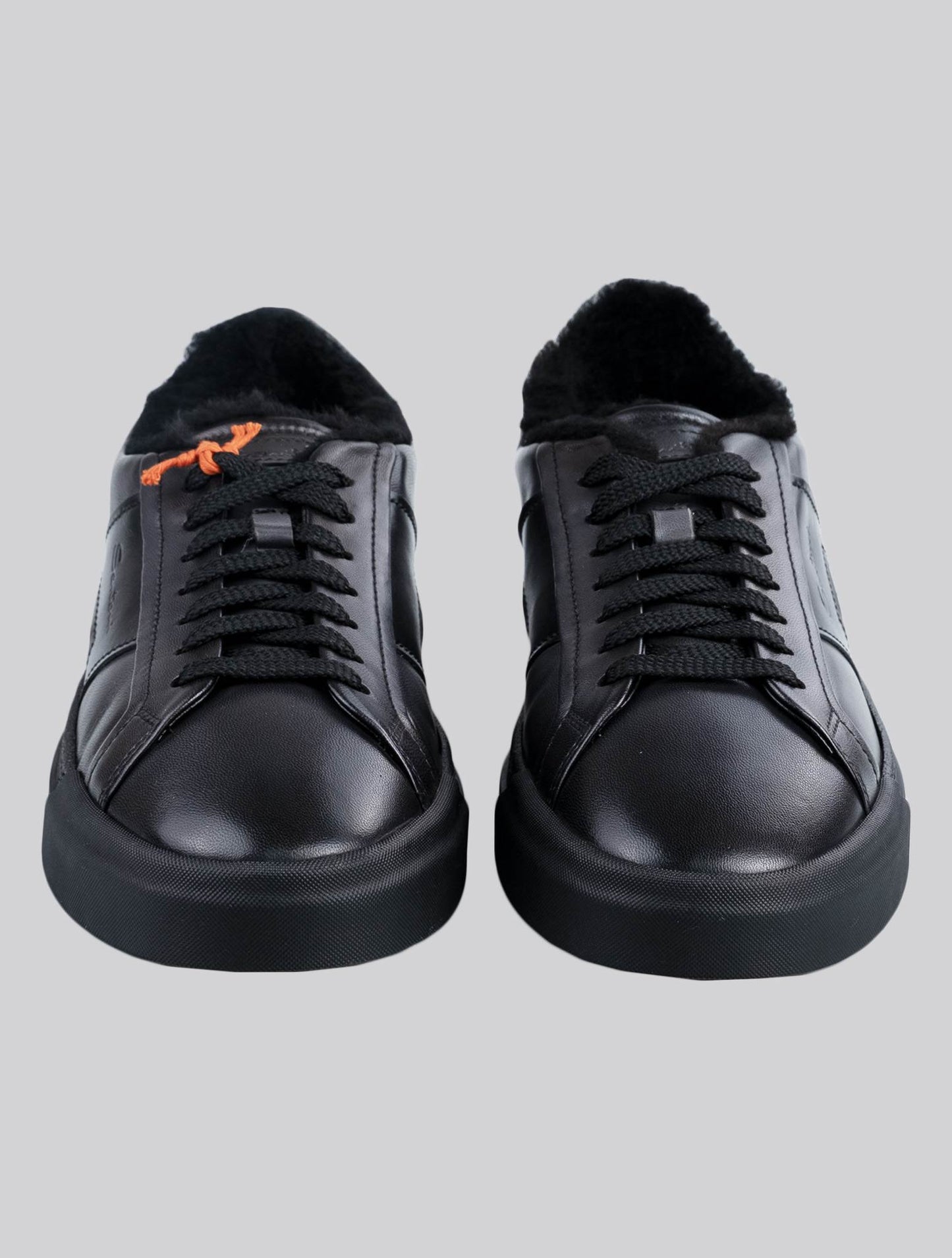 Santoni Black Leather Sheepskin Fur Sneakers