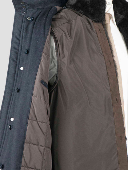 Manteau Barba Napoli en laine vierge et cachemire bleu foncé avec fourrure de lapin