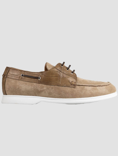 Kiton Beige Leather Crocodile Leather Suede Loafers