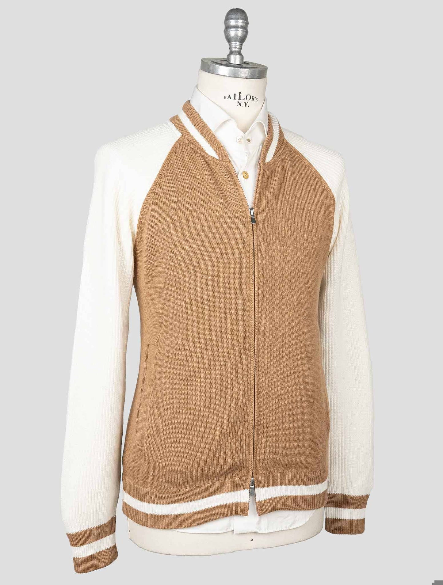 Gran Sasso Beige White Wool Cashmere Viscose Sweater Full Zip