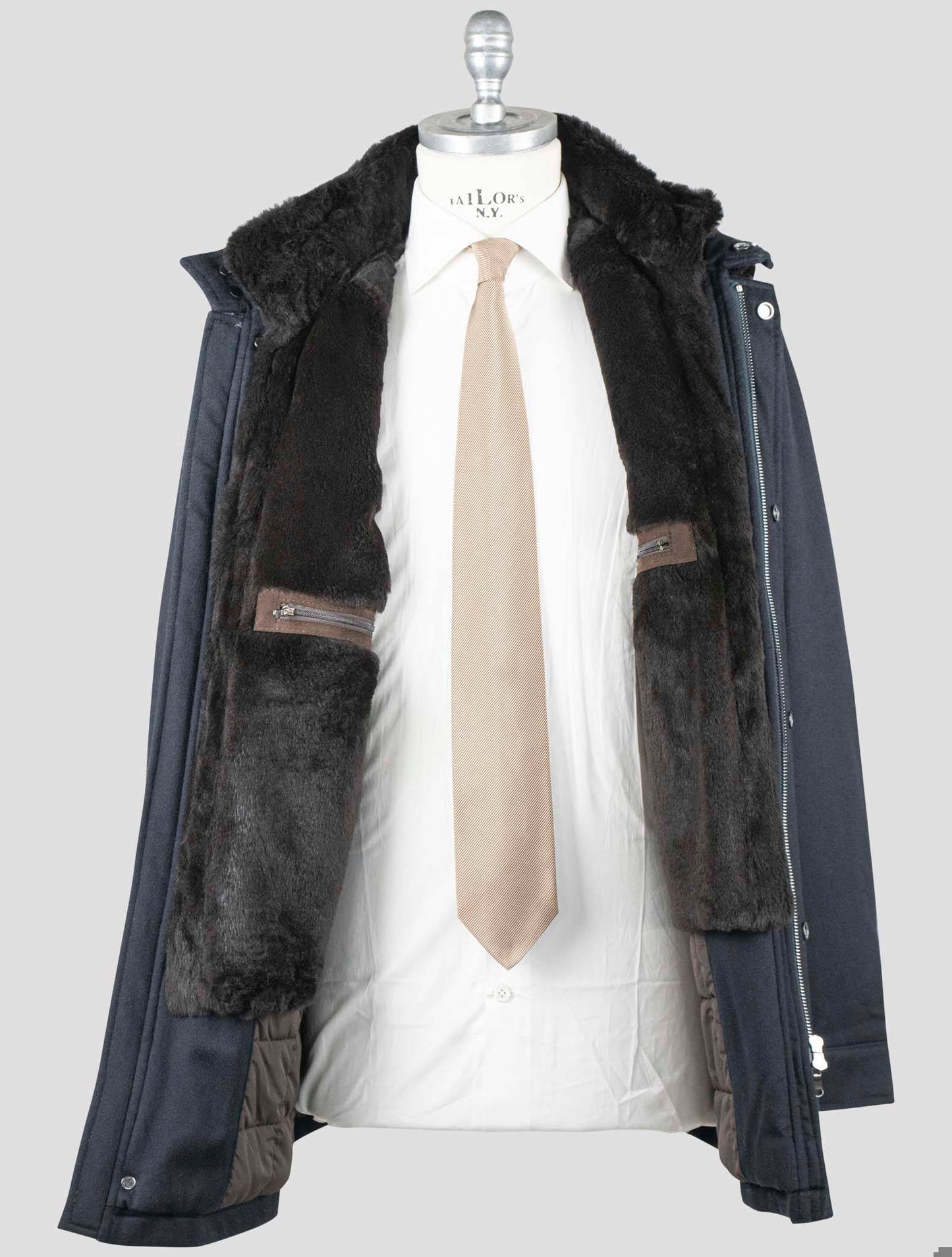 Manteau Barba Napoli en laine vierge et cachemire bleu foncé avec fourrure de lapin