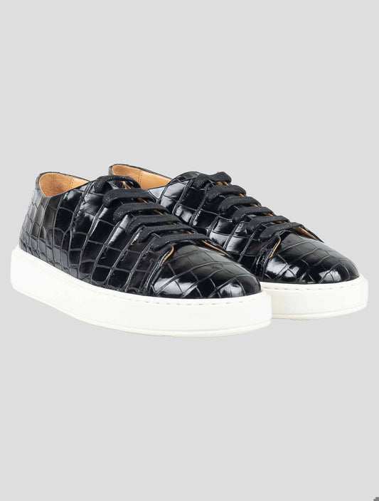 Santoni Black Leather Crocodile Sneakers Shoes