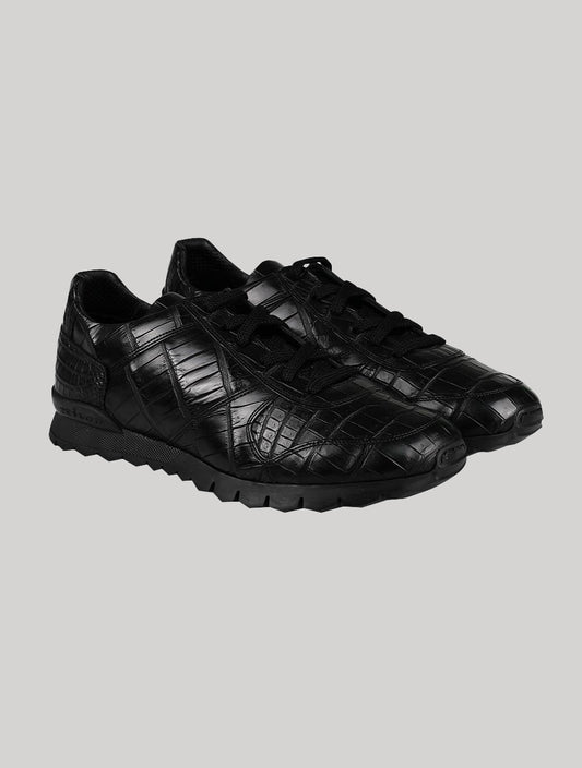 Kiton Black Leather Crocodile Sneakers