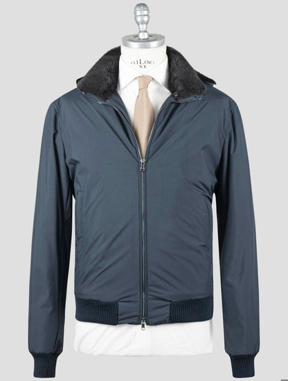 Manteau Barba Napoli bleu en cuir synthétique avec fourrure de lapin