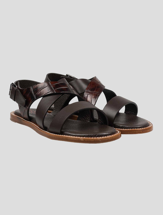 Isaia Brown Leather Leather Crocodile Sandals