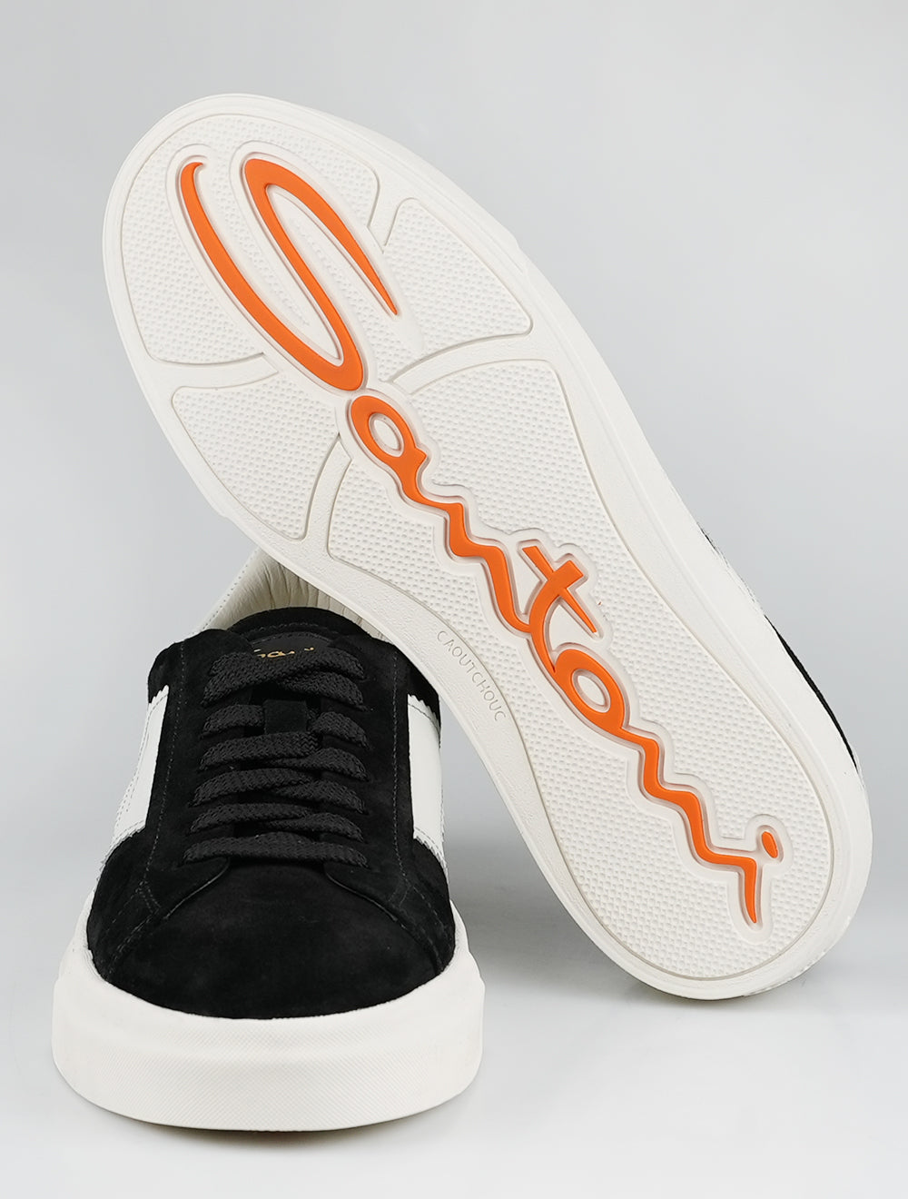 Santoni Black White Leather Suede Sneakers