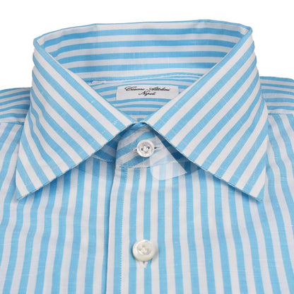 Cesare Attolini lichtblauw wit linnen katoenen overhemd