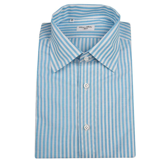 Cesare Attolini White Light Blue Cotton Linen skjorte